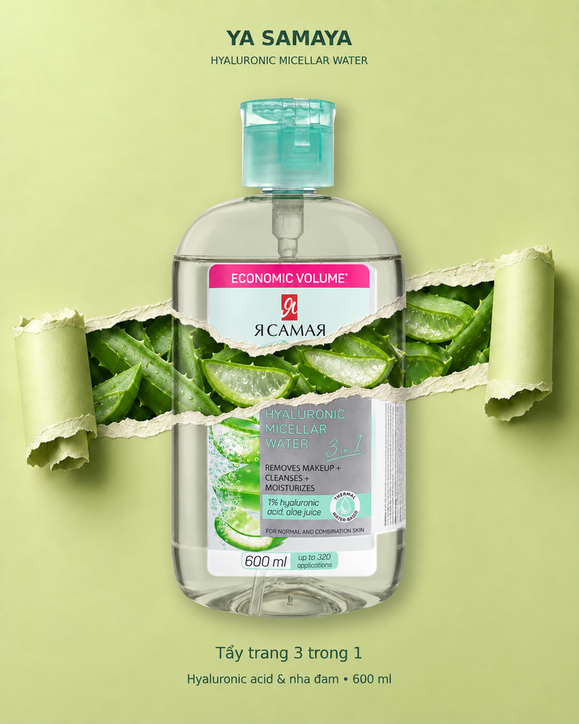 Nước tẩy trang YA SAMAYA Hyaluronic Micellar Water – chai xanh dành cho da dầu da hỗn hợp