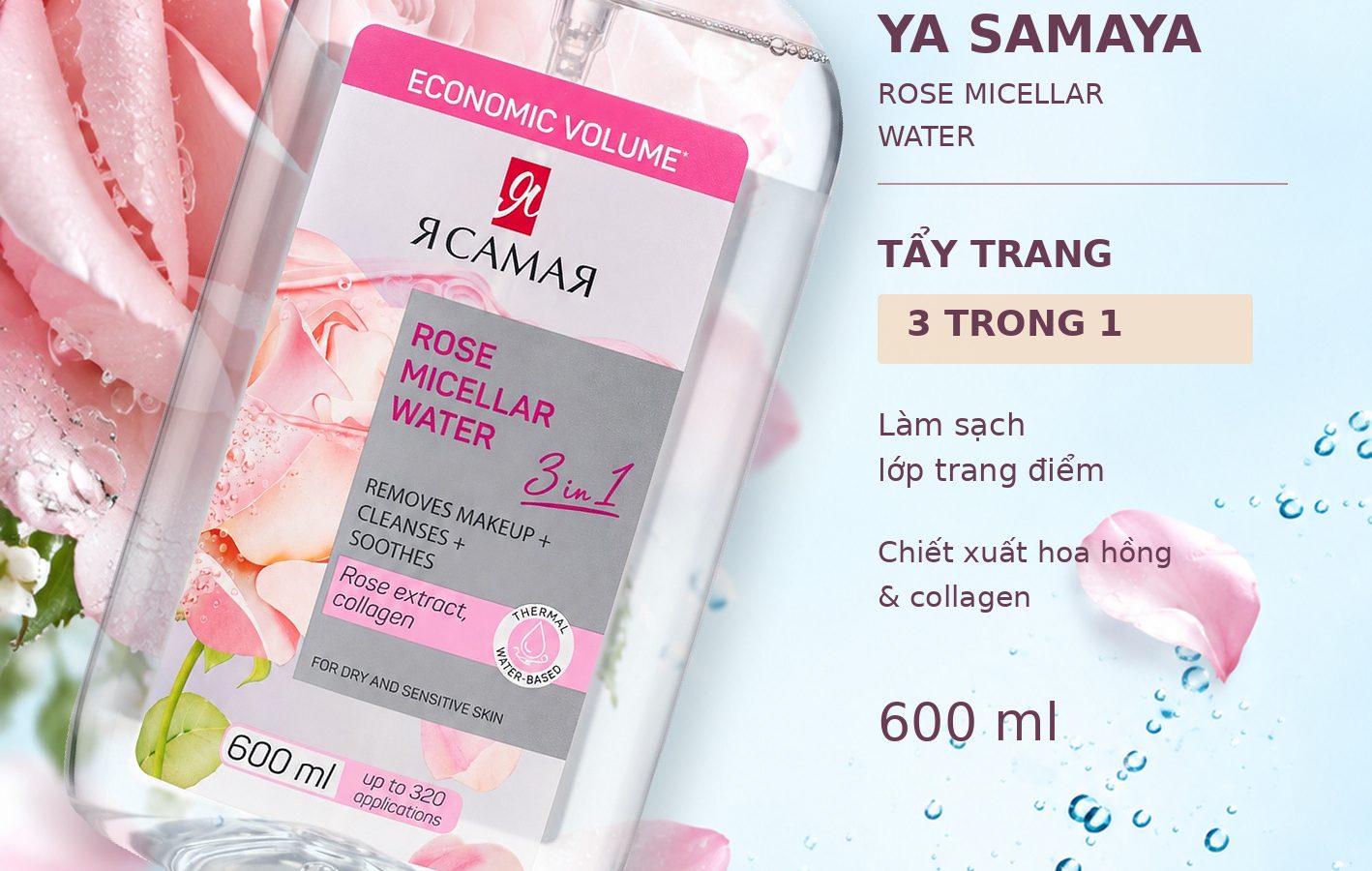 Nước tẩy trang YA SAMAYA Rose Micellar Water – chai hồng