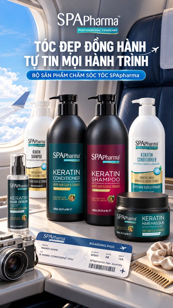 Bộ sản phẩm chăm sóc tóc SPApharma Keratin mang theo khi đi du lịch