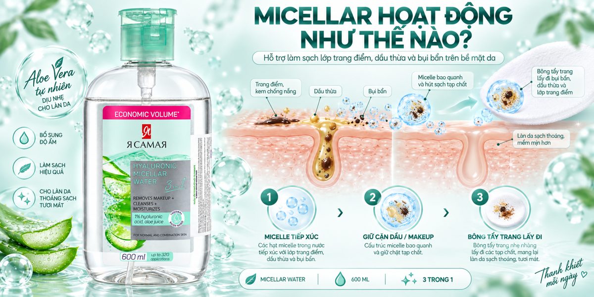 Cơ chế micellar water làm sạch lớp trang điểm và bụi bẩn trên da