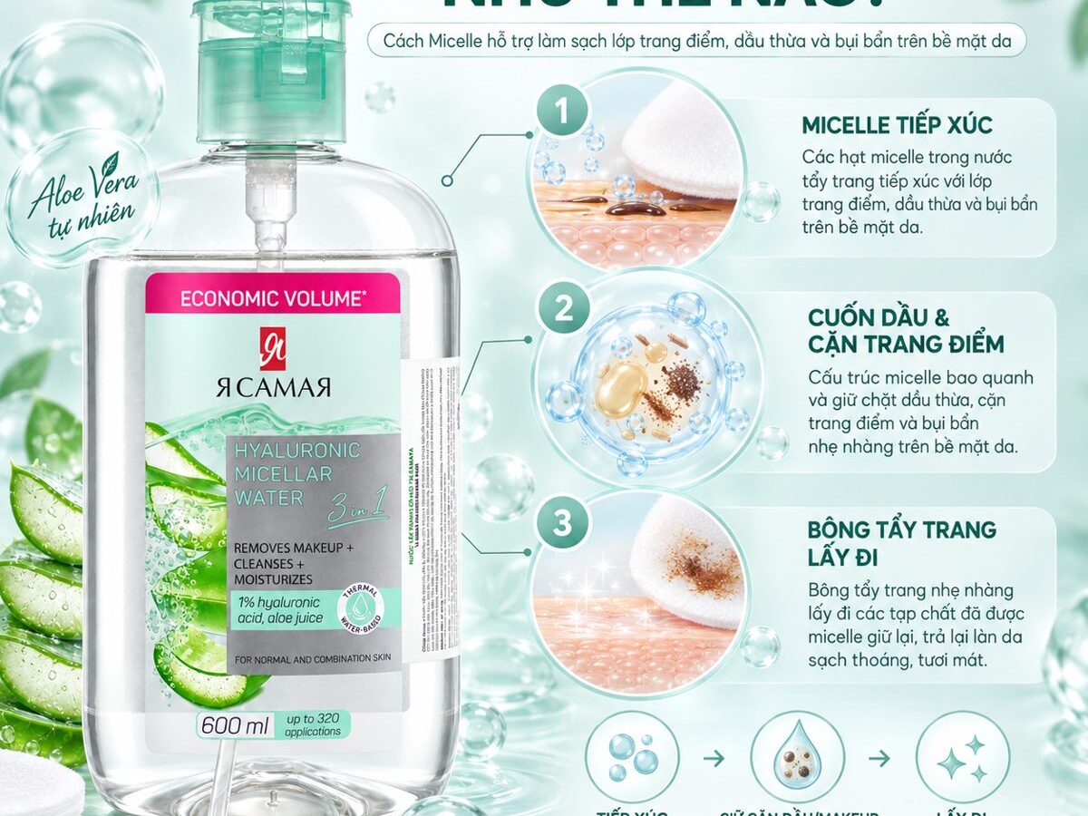 Cách micellar water hoạt động để làm sạch da, minh họa với YA SAMAYA
