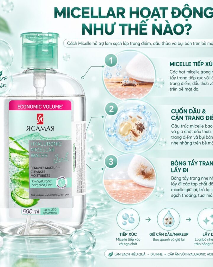Cách micellar water hoạt động để làm sạch da, minh họa với YA SAMAYA