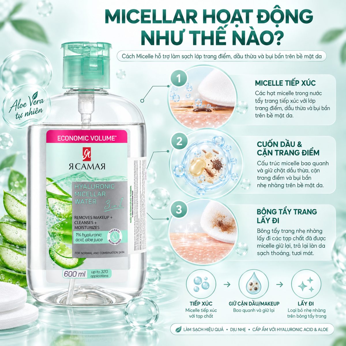 Cách micellar water hoạt động để làm sạch da, minh họa với YA SAMAYA