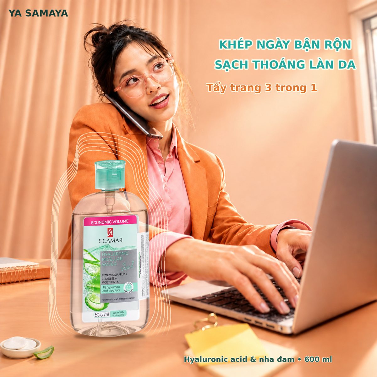 Nước tẩy trang YA SAMAYA Hyaluronic 3 trong 1 cho dân văn phòng