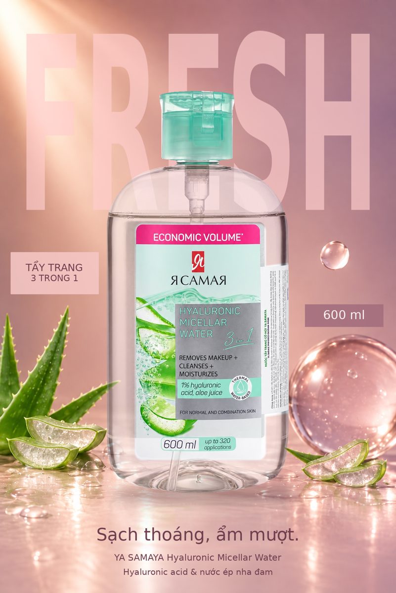 Nước tẩy trang YA SAMAYA Hyaluronic 600ml chiết xuất nha đam