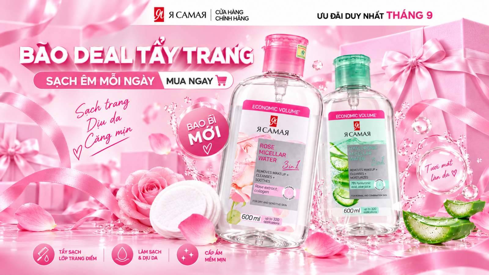 Nước tẩy trang YA SAMAYA Micellar Water 600ml Hyaluronic và Rose