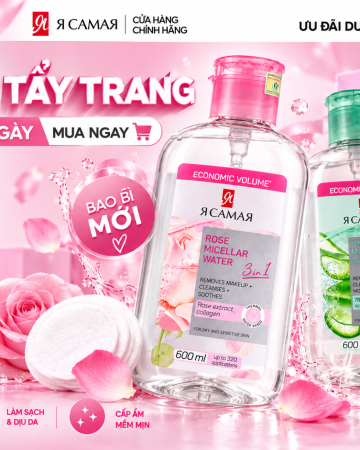 Nước tẩy trang YA SAMAYA Micellar Water 600ml Hyaluronic và Rose
