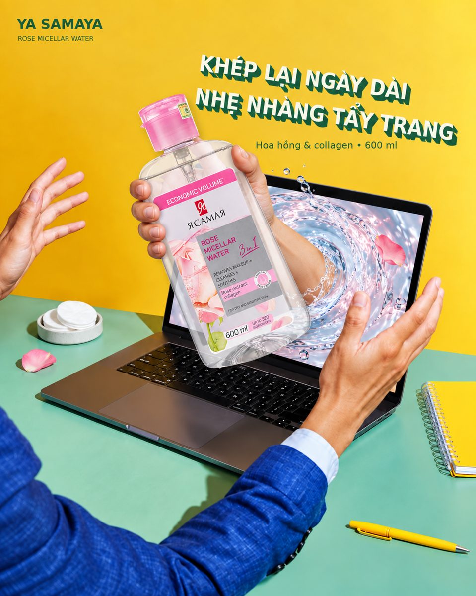 Nước tẩy trang YA SAMAYA Rose 600ml với hoa hồng và collagen