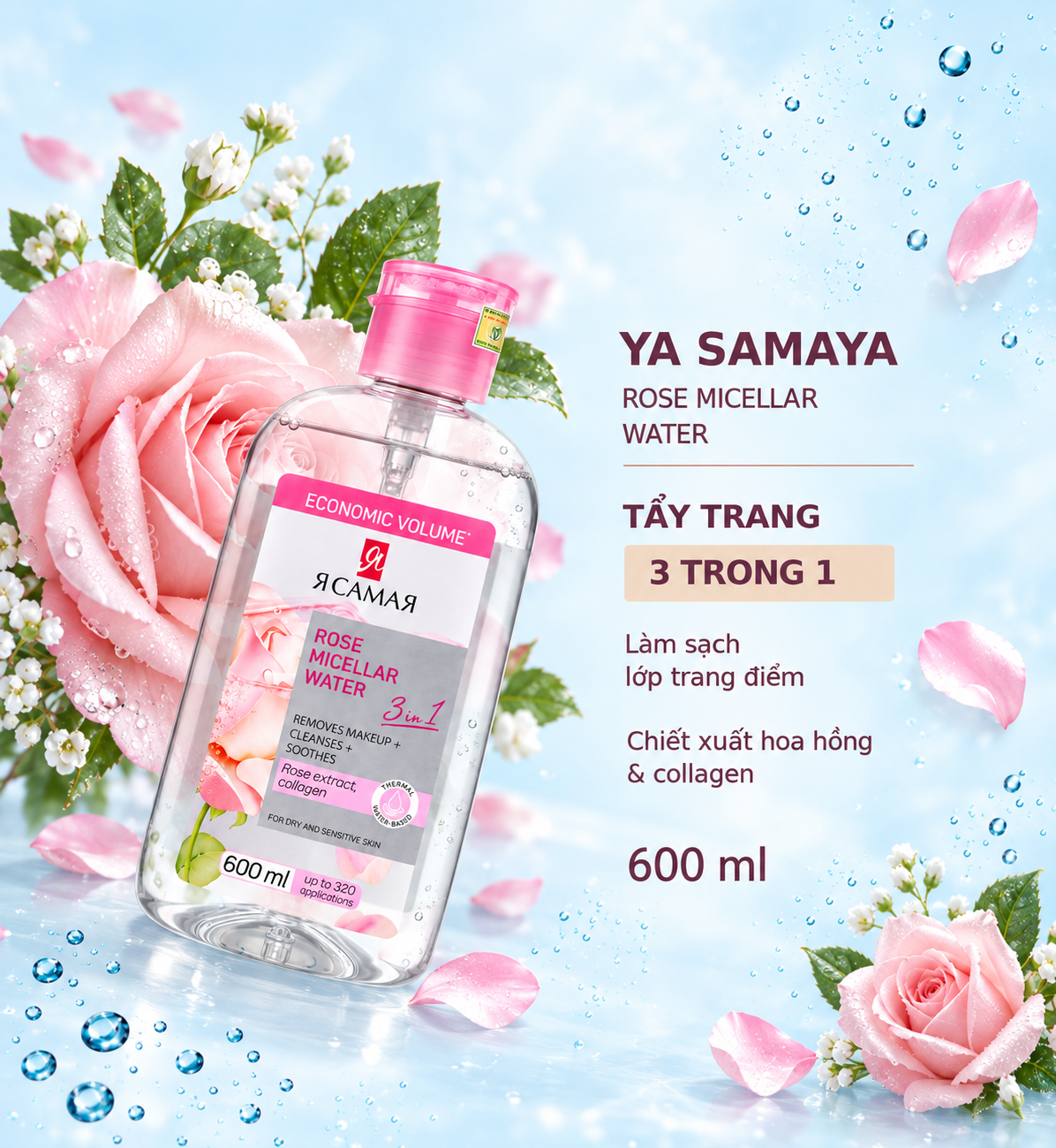 Nước tẩy trang YA SAMAYA Rose Micellar Water 600ml cho da khô và da nhạy cảm