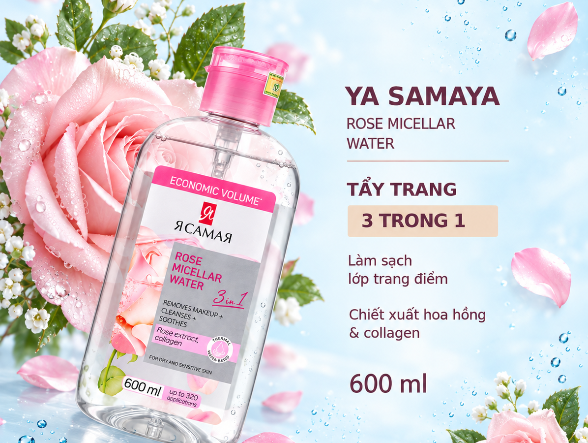 Nước tẩy trang YA SAMAYA Rose Micellar Water 600ml cho da khô và da nhạy cảm
