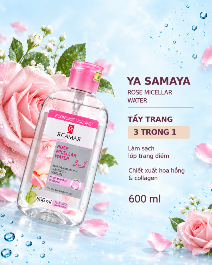 Nước tẩy trang YA SAMAYA Rose Micellar Water 600ml cho da khô và da nhạy cảm
