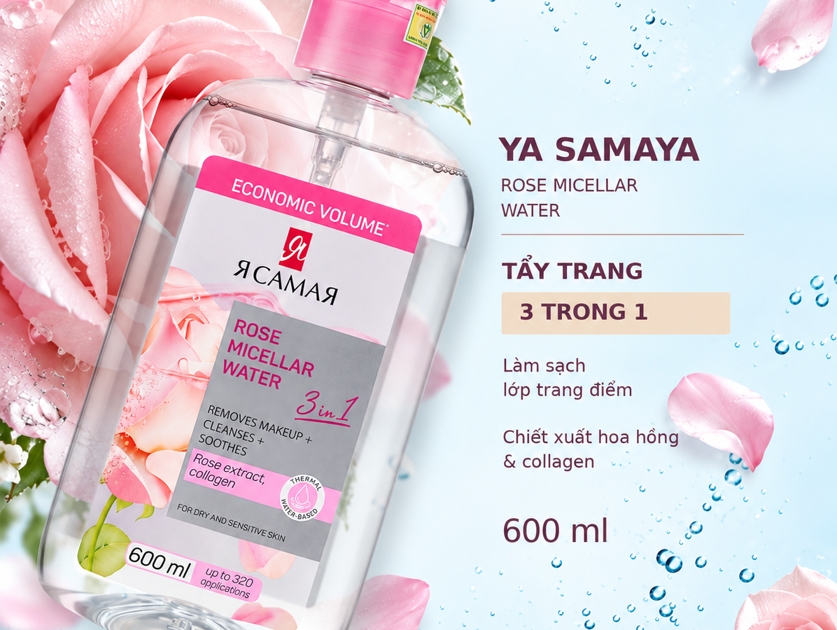 Nước tẩy trang YA SAMAYA Rose Micellar Water 600ml cho da khô và da nhạy cảm