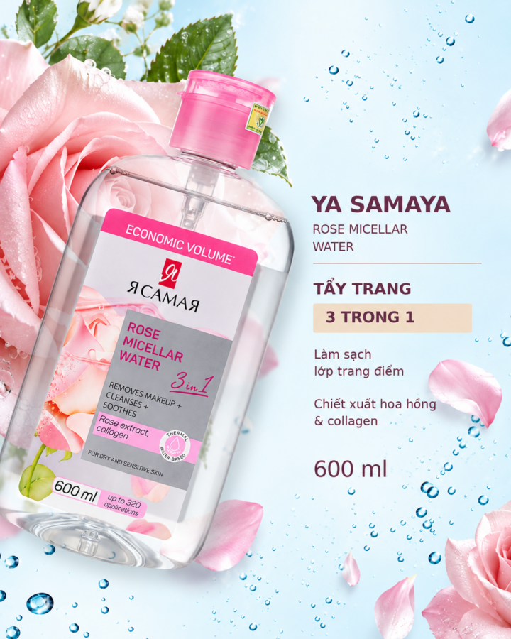 Nước tẩy trang YA SAMAYA Rose Micellar Water 600ml cho da khô và da nhạy cảm