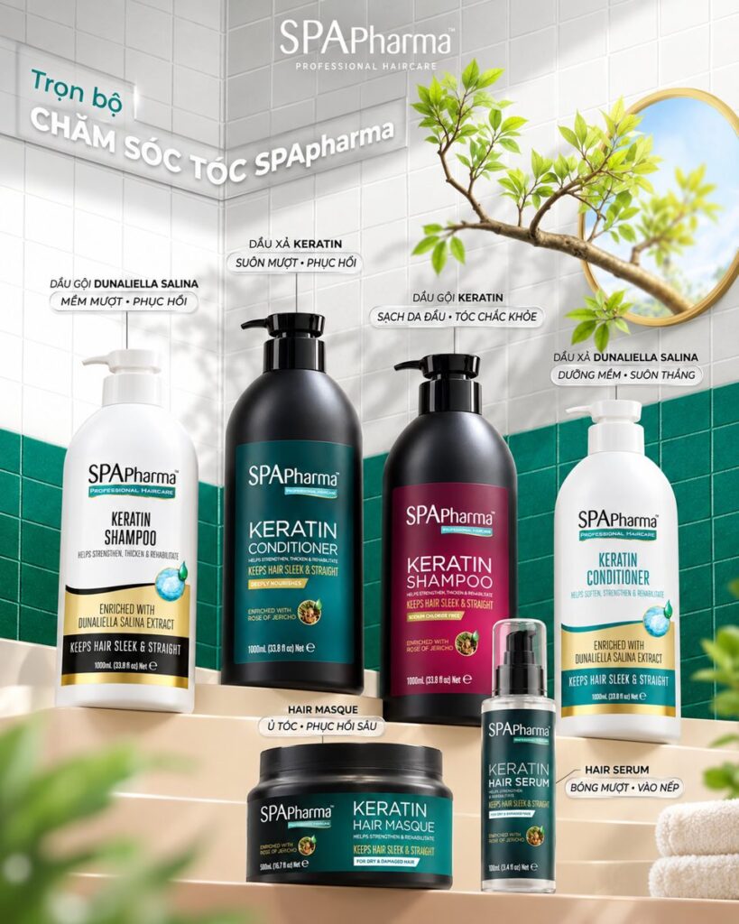 Bộ sản phẩm chăm sóc tóc SPApharma Keratin gồm dầu gội, dầu xả, ủ tóc và serum
