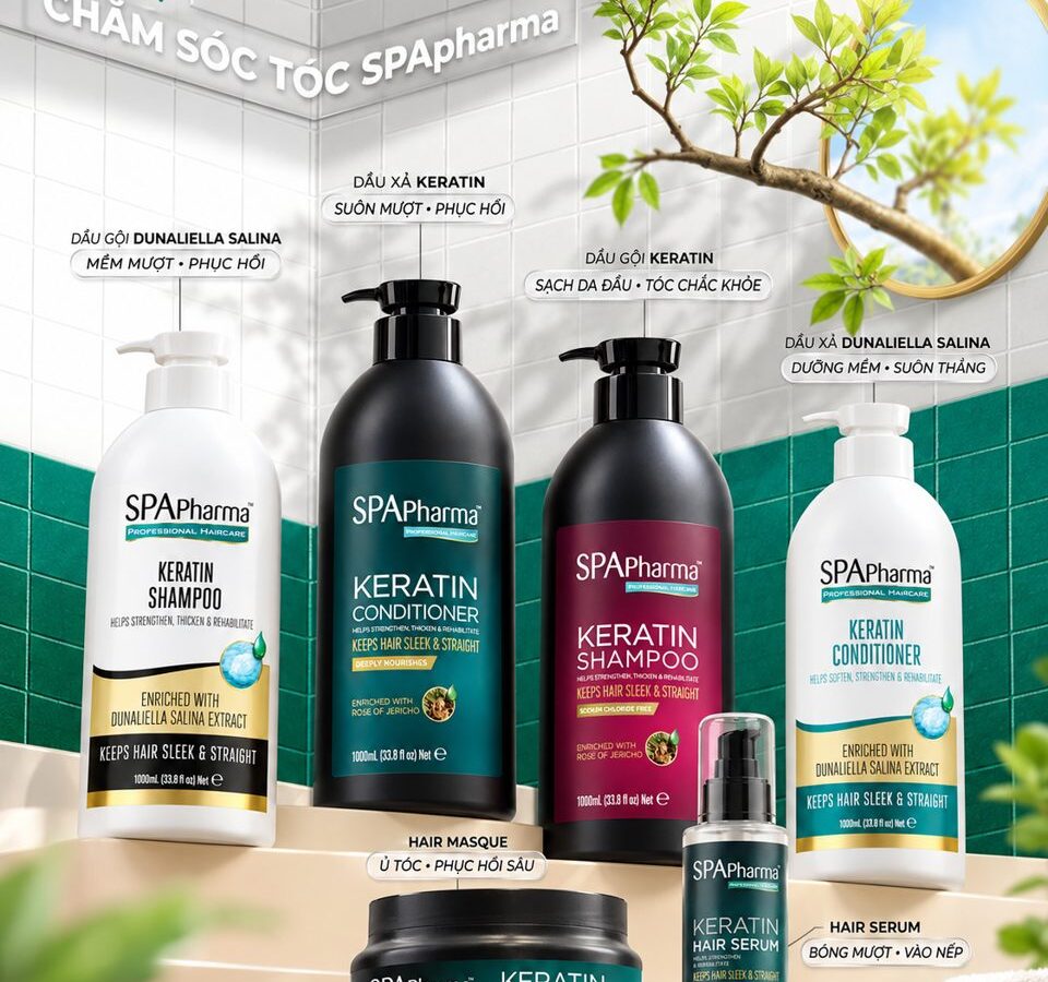 Bộ sản phẩm chăm sóc tóc SPApharma Keratin gồm dầu gội, dầu xả, ủ tóc và serum